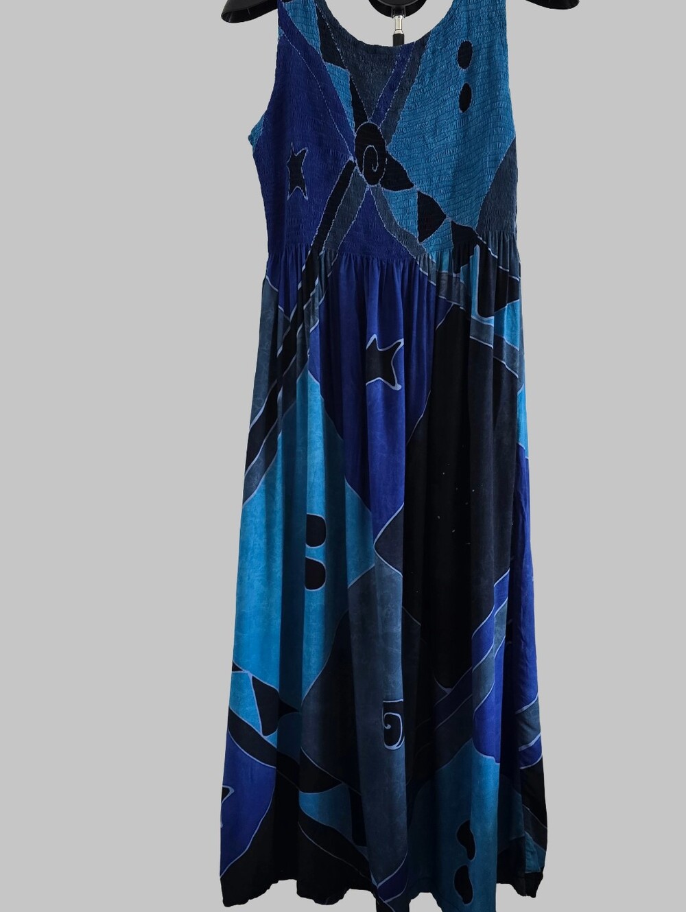 βVintage 90s Celestial Print Smocked Bodice Blue Maxi Dress One Size